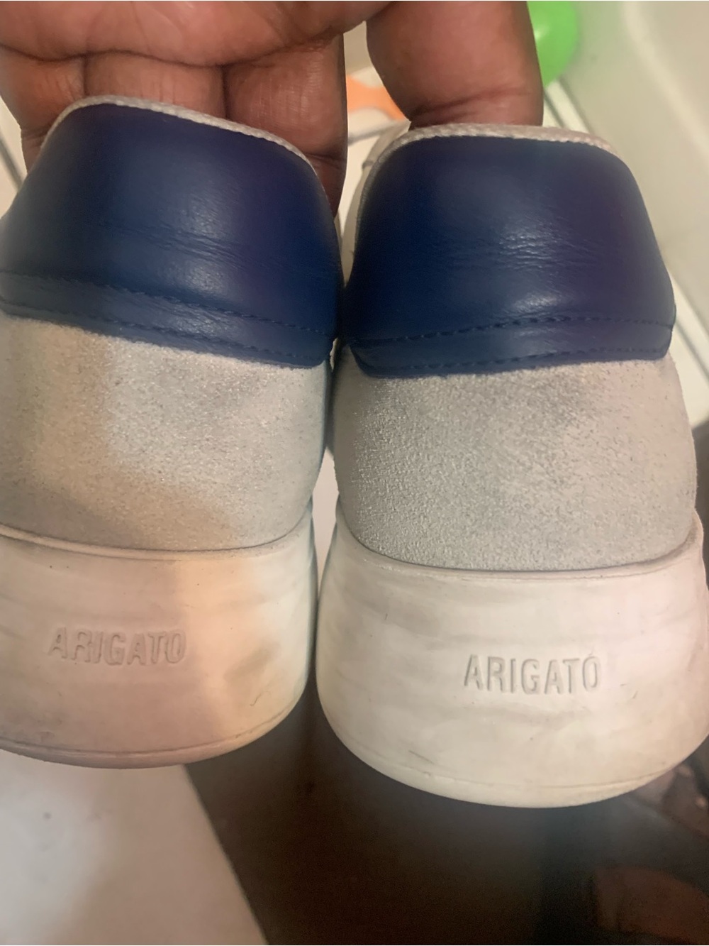 Axel Arigato White Suede Sneakers with Navy Heel Tabs